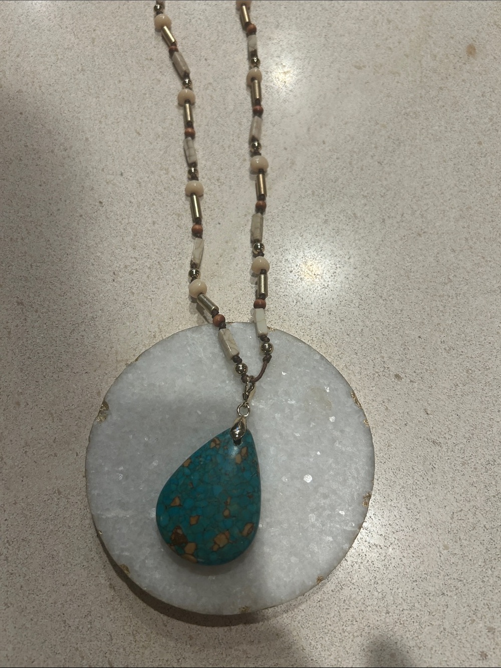 Boho Teardrop Turquoise Pendant Necklace - very long Aprox 18 inch necklace mop